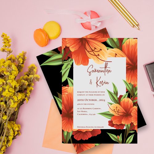  Dark Moody Elegant Orange Floral Wedding Invitation