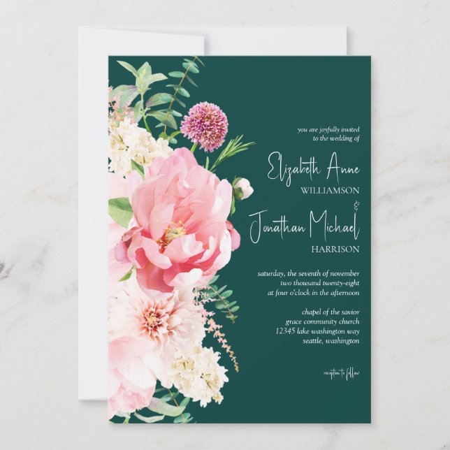 Dark Moody Emerald Blush Floral Stylish Script Invitation (Front)