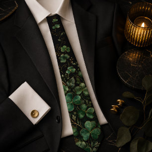Dark Moody Emerald Green Shamrock Black St Patrick Neck Tie