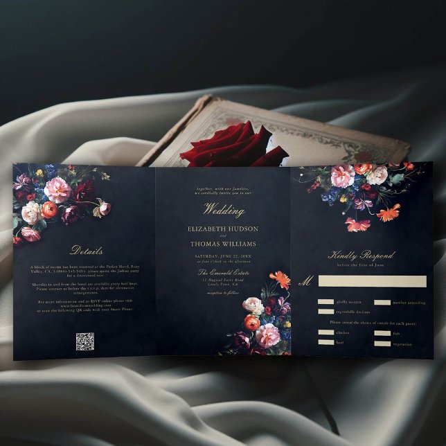 Dark Moody Fairytale Romance All in One Wedding Tri-Fold Invitation (dark romantic wedding invitation fairytale romance trifold seal send all in one moody black gothic)