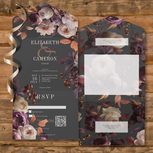 Dark Moody Fall Burgundy & Cream Peonies QR Code All In One Invitation (Dark Moody Fall Burgundy & Cream Peonies All In One Wedding Invitation with QR Code)