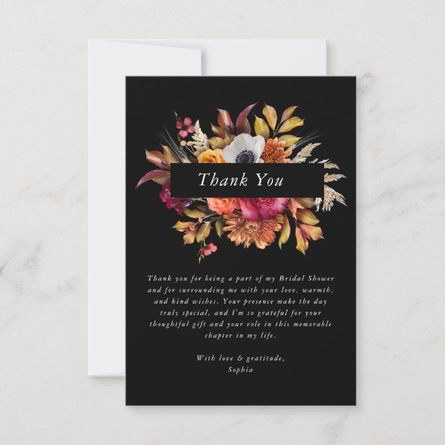 Dark Moody Fall Floral Bridal Shower Thank You  Card (Front)