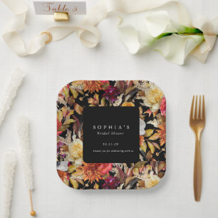 Dark Moody Fall Floral Romantic Bridal Shower Paper Plates