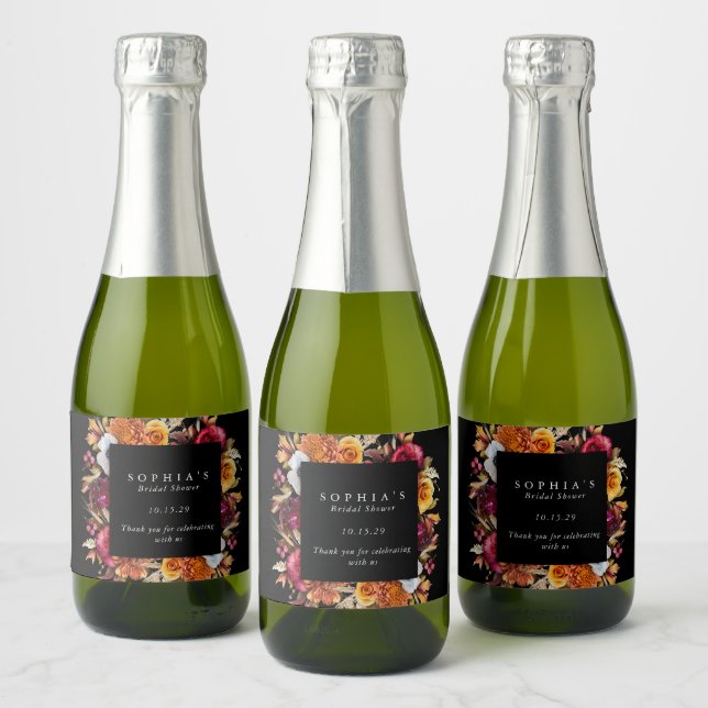 Dark Moody Fall Floral Romantic Bridal Shower  Sparkling Wine Label (Bottles)