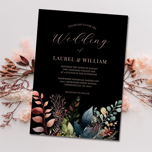 Dark Moody Floral Black Elegant Wedding Invitation