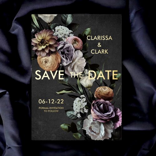 Dark Moody Floral Black  Purple Save The Date Foil Invitation