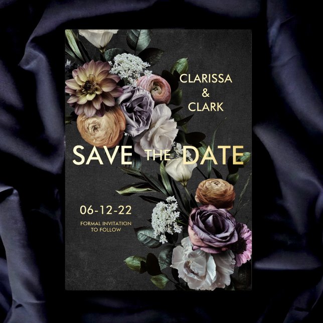 Dark Moody Floral Black & Purple Save The Date Foil Invitation (Creator Uploaded)