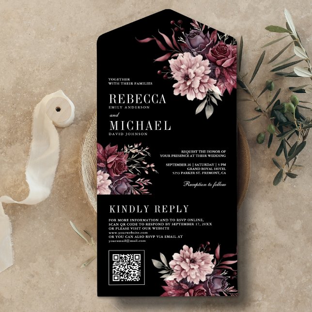 Dark Moody Floral Black QR Code Wedding All In One Invitation (Creator Uploaded)