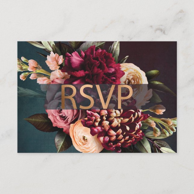 Dark Moody Floral Bold Red Rose Gold RSVP  Enclosure Card (Front)