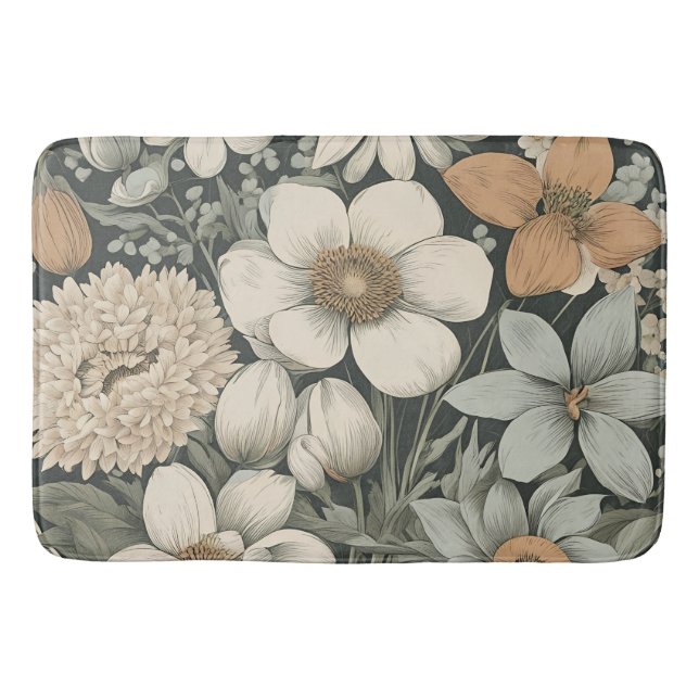 Dark Moody Floral Botanical Pattern Bath Mat (Front)