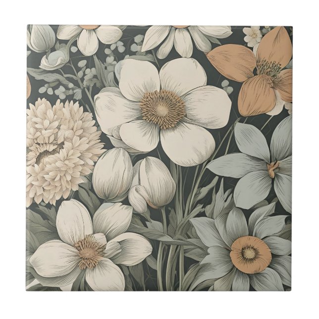 Dark Moody Floral Botanical Pattern Ceramic Tile (Front)