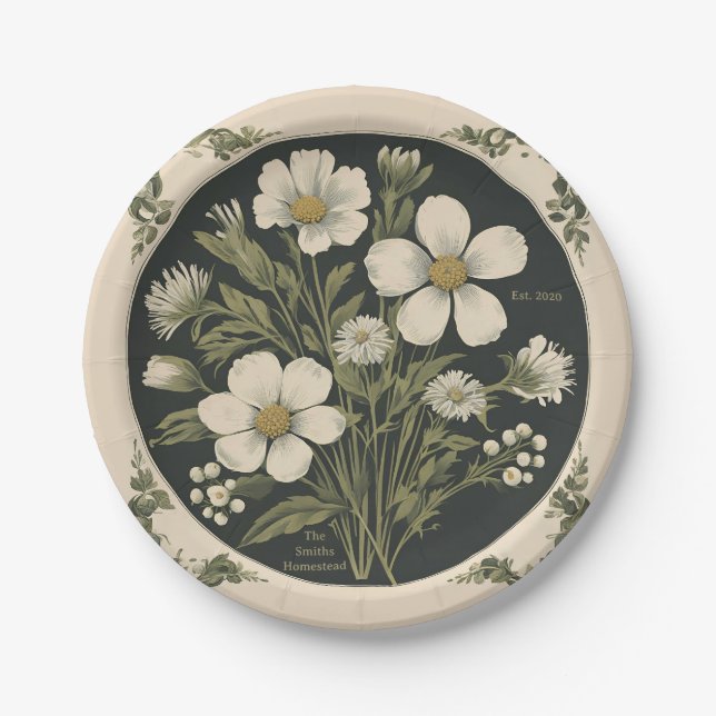 Dark Moody Floral Botanical Pattern Paper Plates (Front)