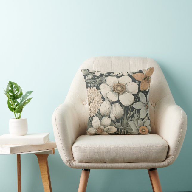 Dark Moody Floral Botanical Pattern Throw Pillow (Chair)