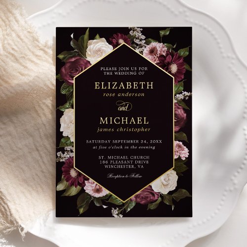 Dark Moody Floral Burgundy  Elegant Wedding  Foil Invitation