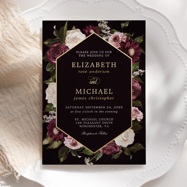 Dark Moody Floral Burgundy  Elegant Wedding  Foil Invitation (Creator Uploaded)