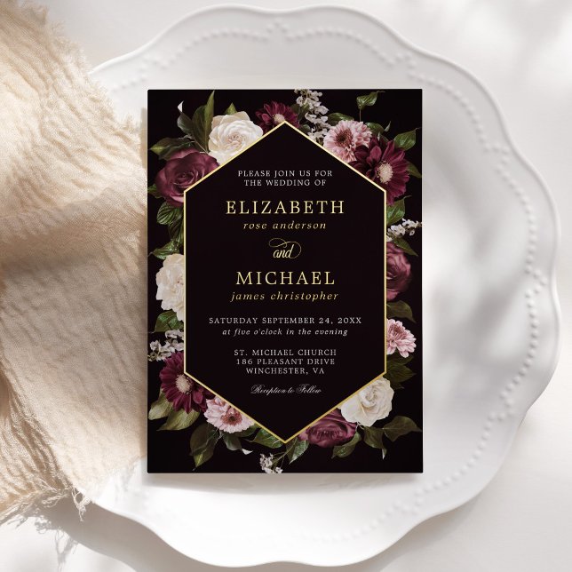 Dark Moody Floral Burgundy Wedding Elegant  Foil Invitation (Creator Uploaded)