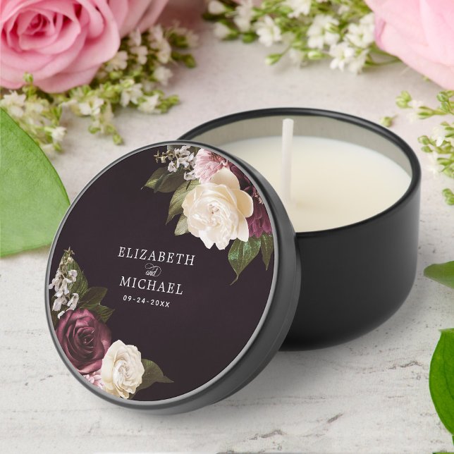 Dark Moody Floral Burgundy Wedding Mini Candle Favors (Creator Uploaded)
