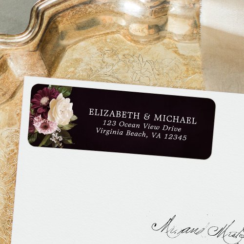 Dark Moody Floral Burgundy Wedding Return Address Label
