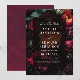 Dark Moody Floral Burgundy Wedding Save The Date  Invitation
