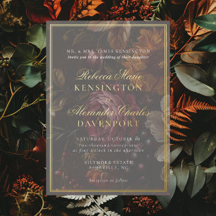 Dark Moody Floral Calligraphy Gold Frame Wedding Foil Invitation