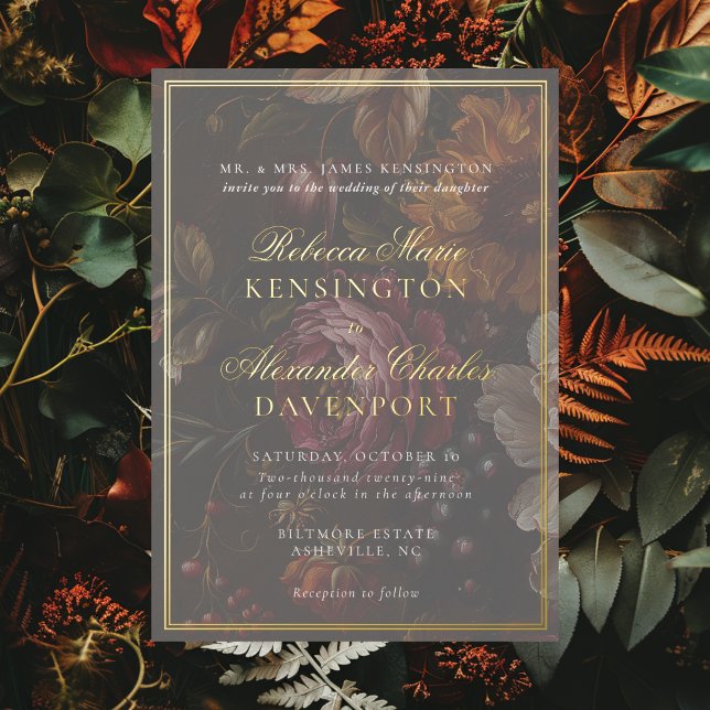 Dark Moody Floral Calligraphy Gold Frame Wedding Foil Invitation (Creator Uploaded)