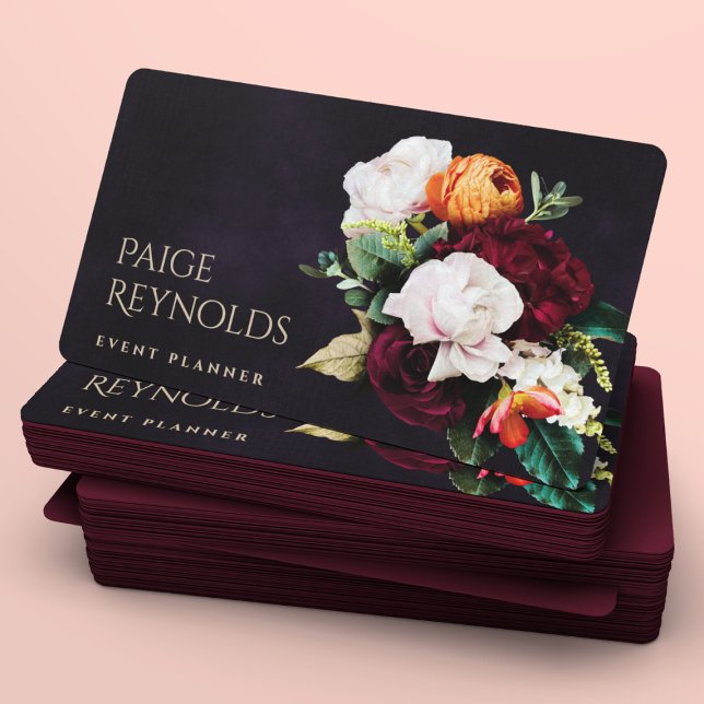 Dark Moody Floral | Elegant Black & Burgundy Red Business Card (Creator Uploaded)