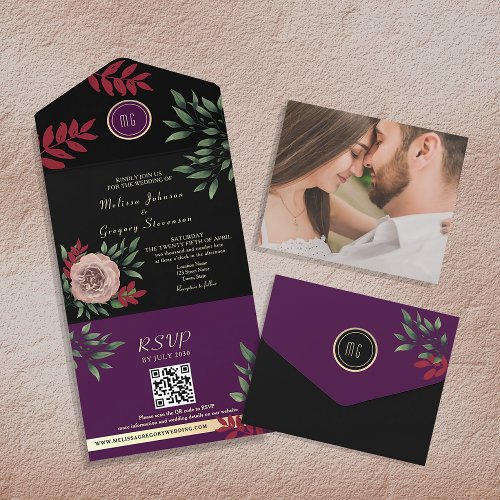 Dark Moody Floral Elegant Black Wedding All In One Invitation