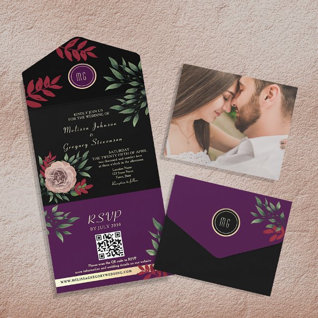 Dark Moody Floral Elegant Black Wedding All In One Invitation (Creator Uploaded)