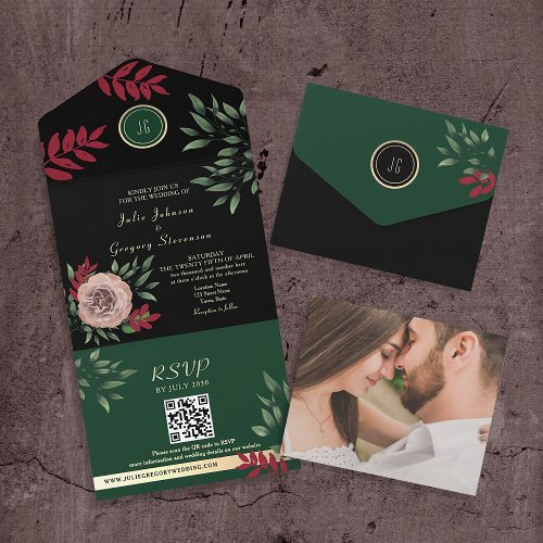 Dark Moody Floral Elegant Black Wedding All In One Invitation