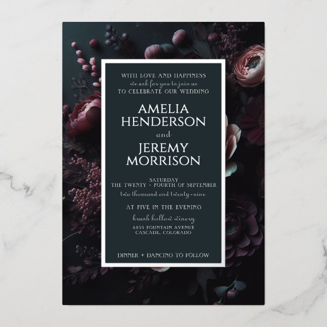 Dark Moody Floral Foil Invitation (Front)