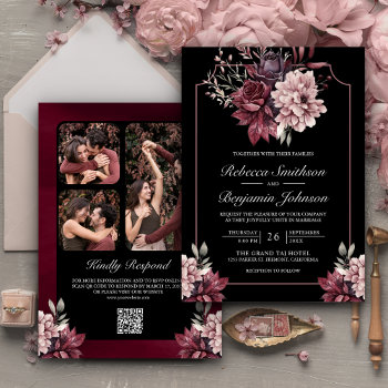 Dark Moody Floral Frame Black Qr Code Wedding Invitation by ShabzDesigns at Zazzle
