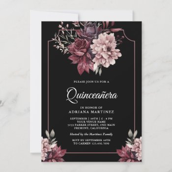 Dark Moody Floral Frame Black Quinceanera Invitation by ShabzDesigns at Zazzle