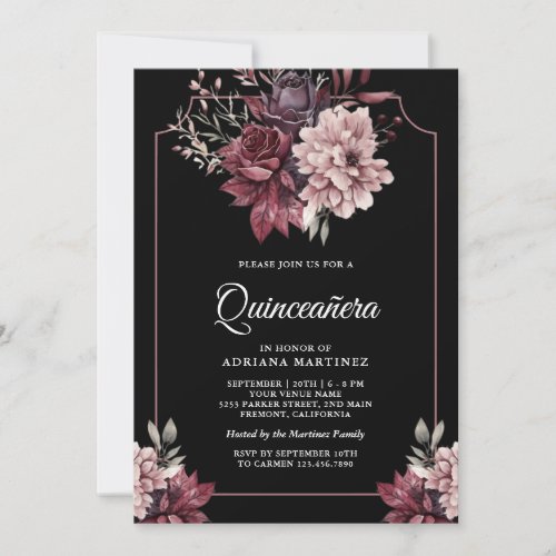 Dark Moody Floral Frame Black Quinceanera Invitation