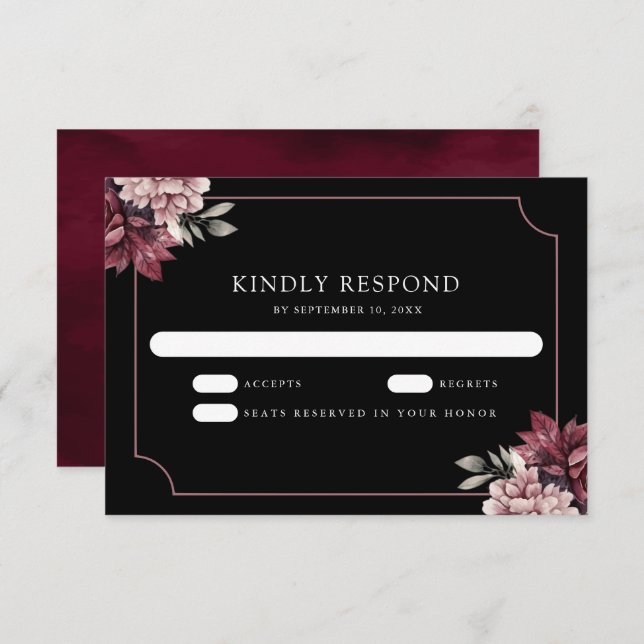 Dark Moody Floral Frame Black Wedding RSVP Card (Front/Back)
