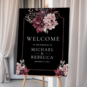 Dark Moody Floral Frame Black Wedding Welcome Sign