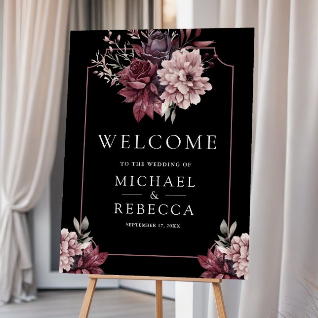 Dark Moody Floral Frame Black Wedding Welcome Sign (Creator Uploaded)