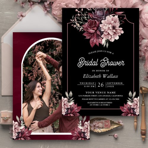 Dark Moody Floral Frame Photo Black Bridal Shower Invitation