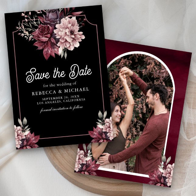 Dark Moody Floral Frame Photo Black Wedding Save The Date (Creator Uploaded)
