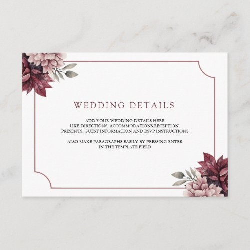 Dark Moody Floral Frame Wedding Details Enclosure Card