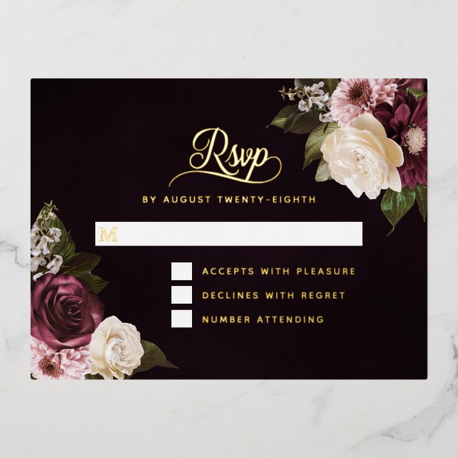 Dark Moody Floral Gold Foil Wedding RSVP Card (Front)