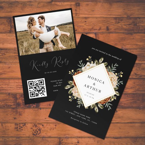 Dark Moody Floral  Gold Frame QR Code Wedding Invitation