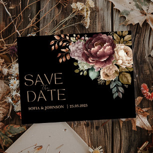 Dark moody floral Modern Save the Date Wedding Holiday Postcard