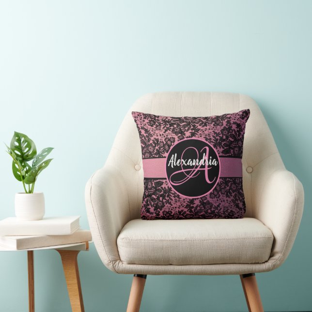 Dark Moody Floral on Pink Monogram  Throw Pillow (Chair)