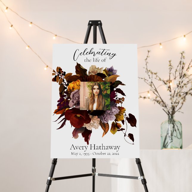 Dark & Moody Floral Photo Funeral Memorial Sign (In Situ (Stand))