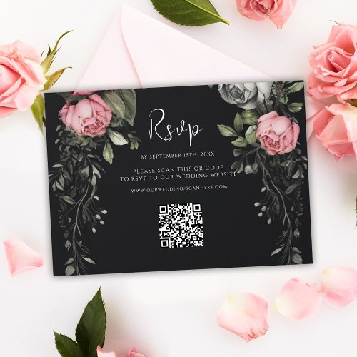 Dark Moody Floral QR Code Wedding RSVP Card