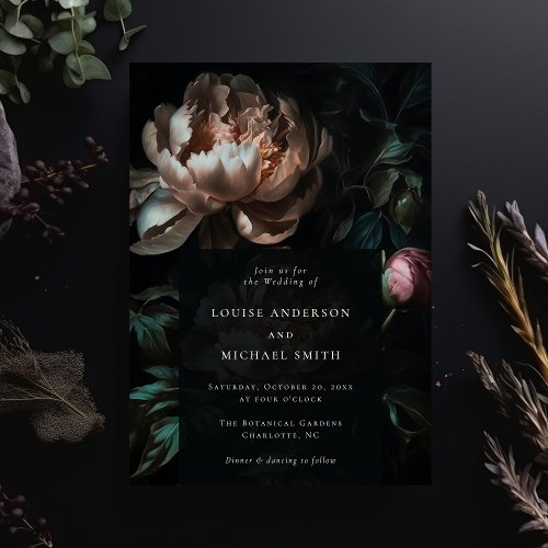 Dark Moody Floral Romantic Black Peony Wedding Invitation