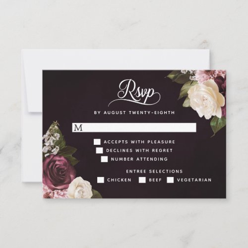 Dark Moody Floral Romantic Wedding Meal Options RSVP Card