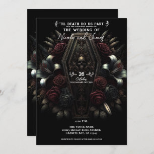 Dark Moody Floral Skull Coffin Gothic Wedding  Invitation