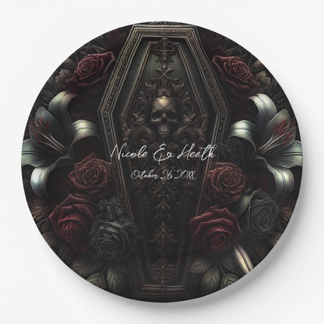 Dark Moody Floral Skull Coffin Gothic Wedding  Paper Plates (Front)