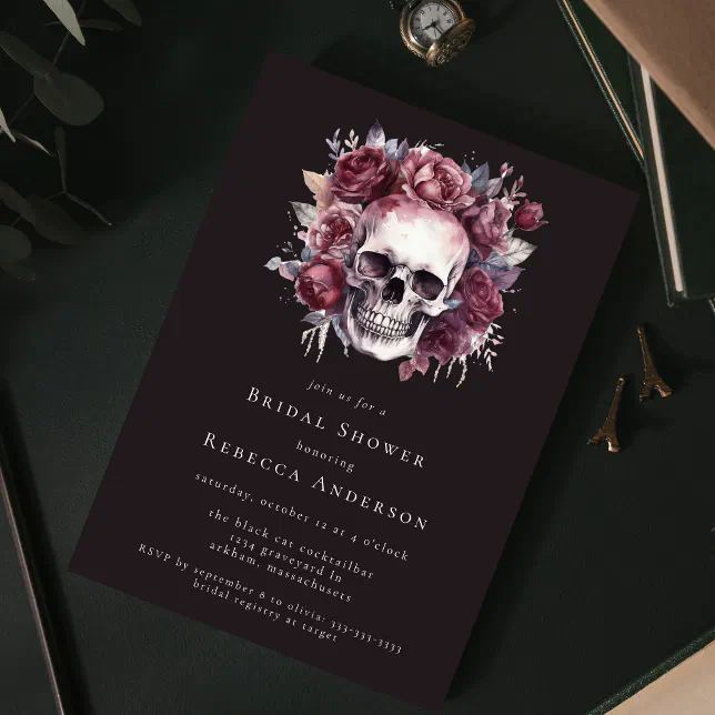 Dark Moody Floral Skull Gothic Bridal Shower Invitation | Zazzle